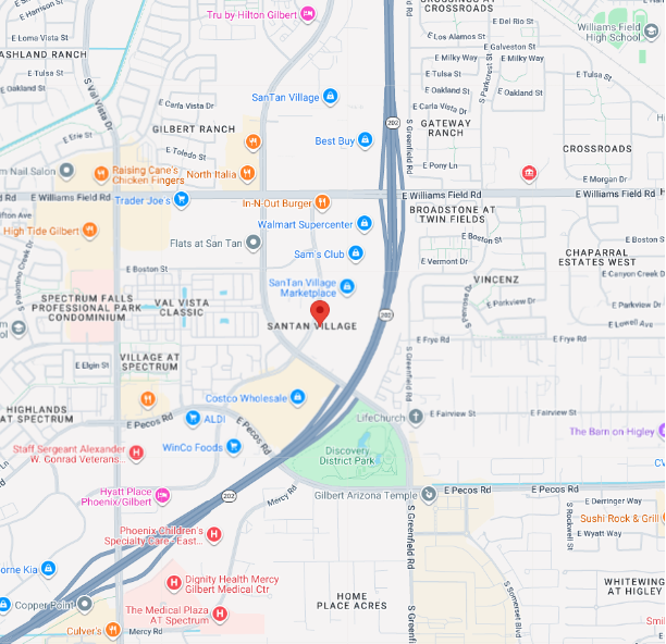Map of Gilbert AZ Chiropractor in the San Tan Village located at 2765 S. Market St., Ste 105, Gilbert, AZ 85295
