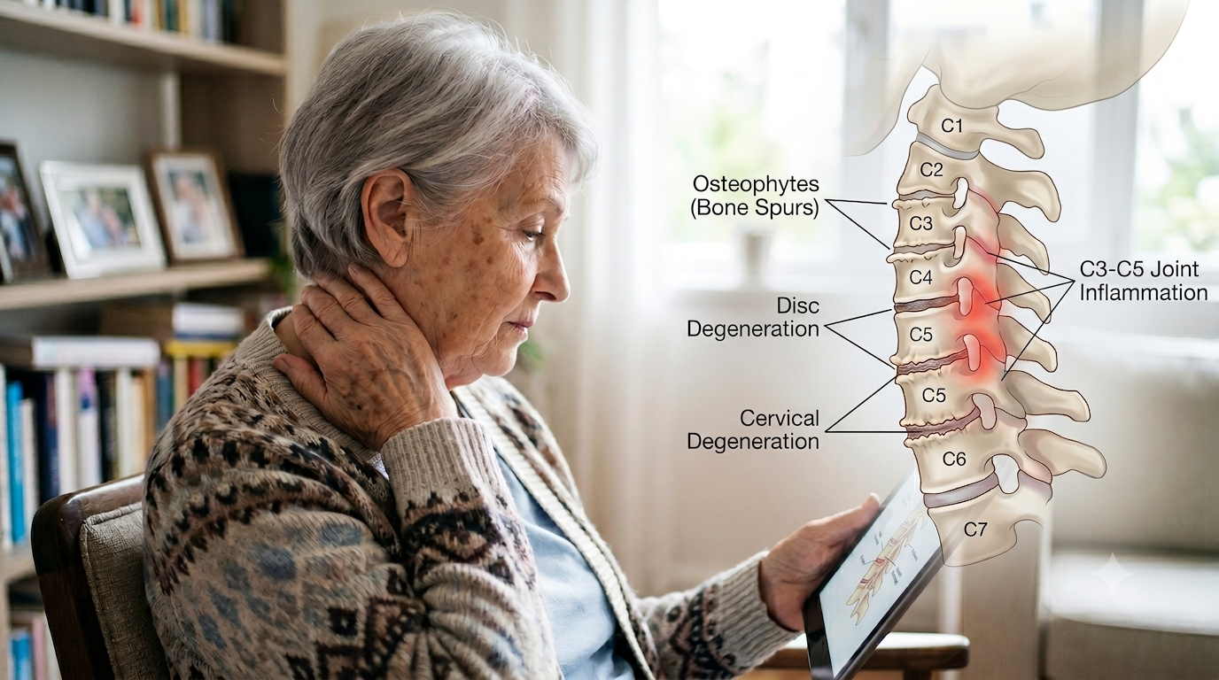  A senior woman experiencing chronic neck pain at home, paired with a medical diagram showing cervical spine degeneration. Labels point out bone spurs, disc degeneration, and spinal joint inflammation as common causes of neck pain in older adults.