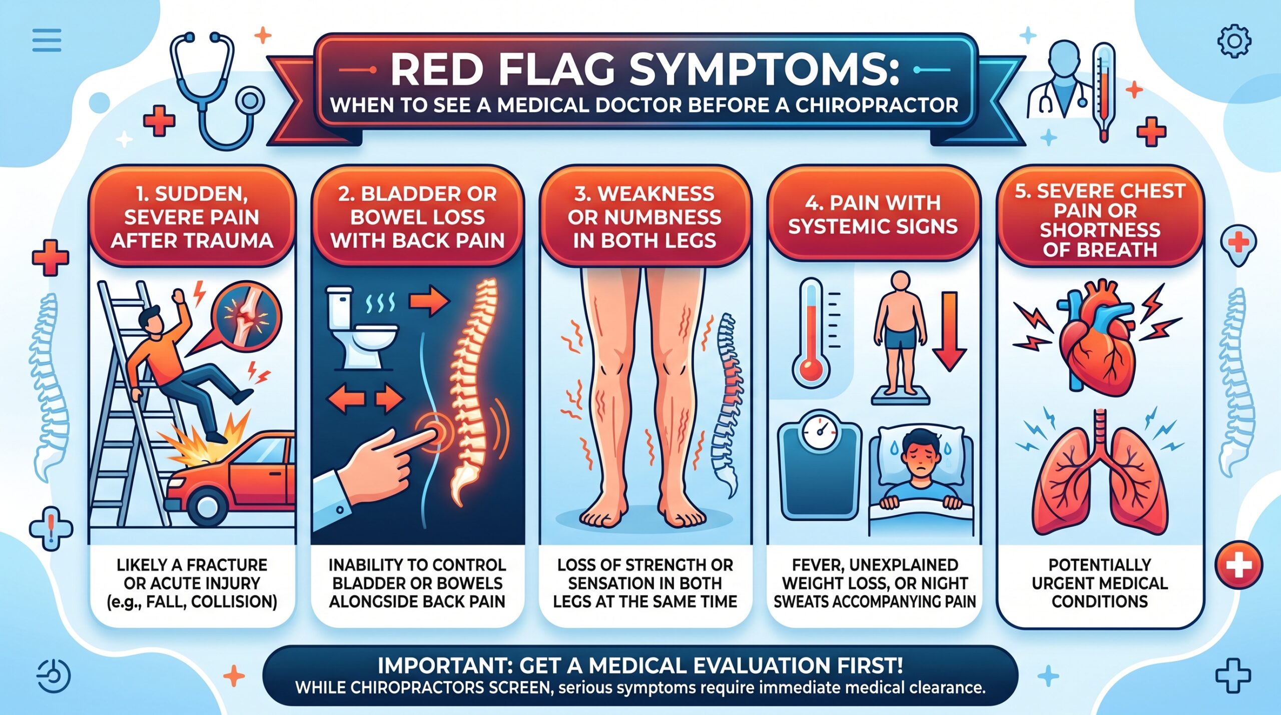 Infographic showing five red flag symptoms that require medical evaluation before chiropractic care, including severe trauma, loss of bladder or bowel control, weakness in both legs, fever with back pain, and chest pain.