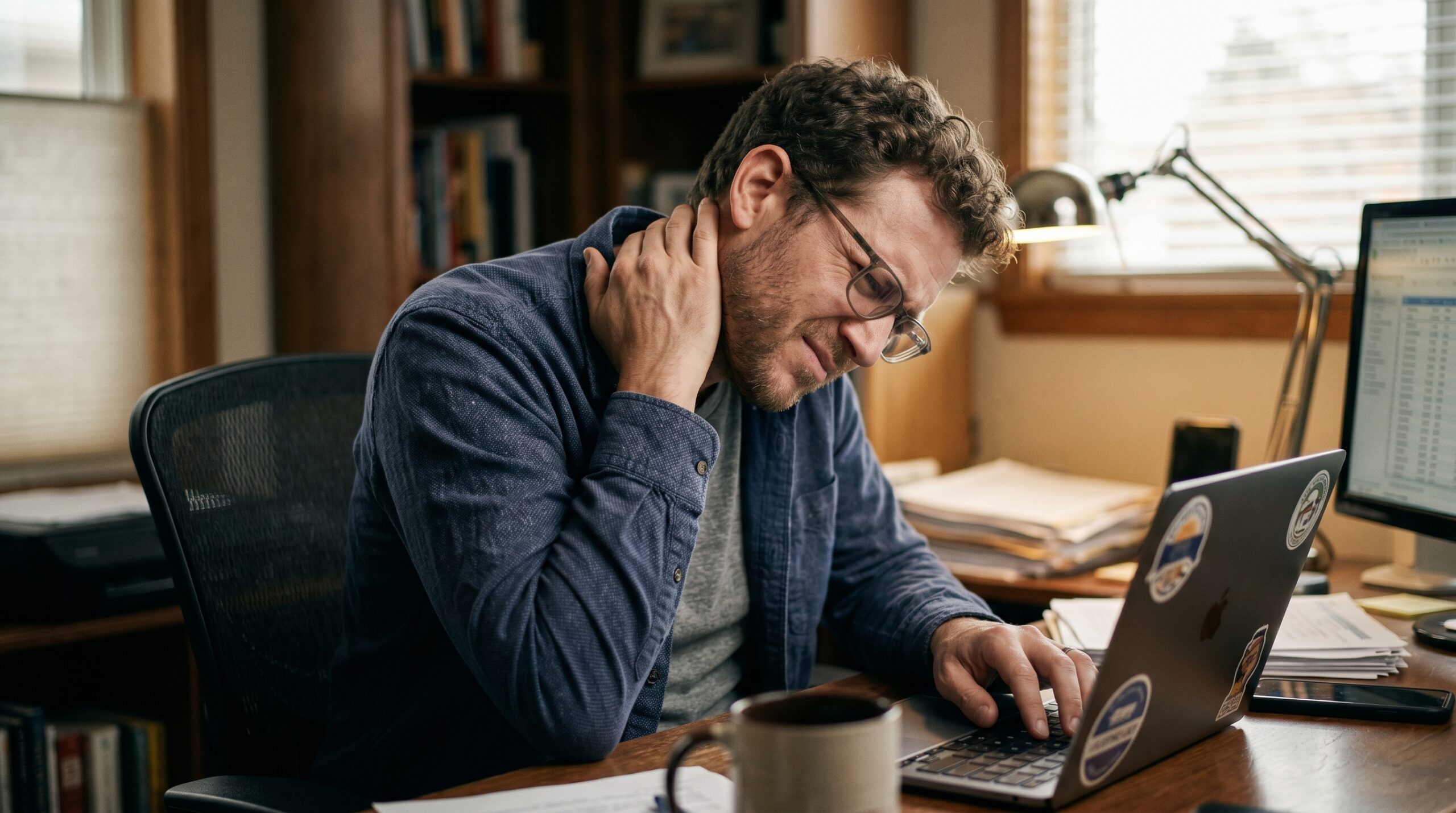 Man suffering from neck pain and bad posture while working at a home office laptop desk.