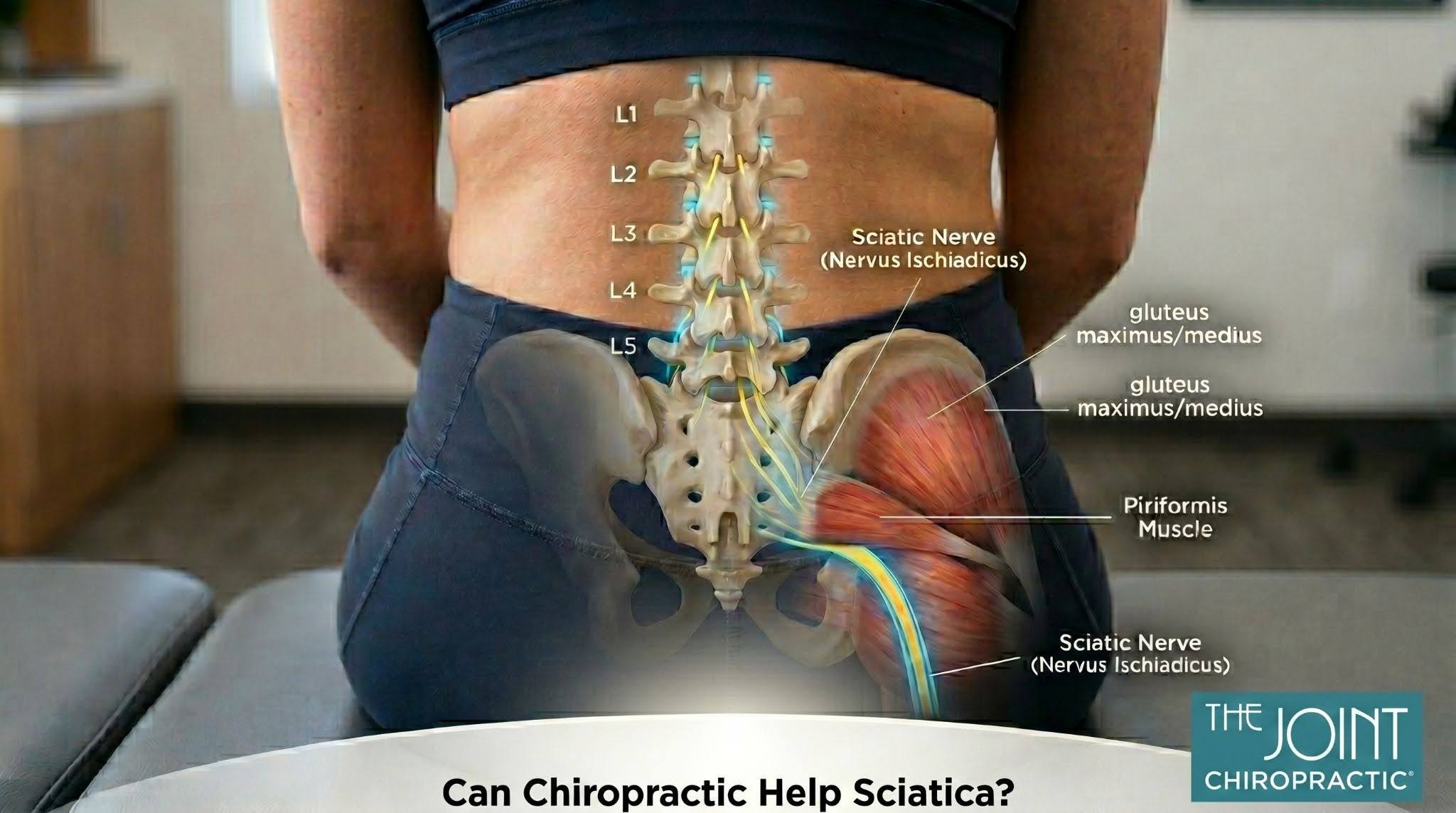 Illustration of the lumbar spine, sciatic nerve, and piriformis muscle overlaid on a patient's lower back.