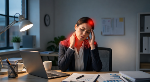  A stressed businesswoman sitting at an office desk holding her head and neck, with a red graphic overlay highlighting severe neck pain and a tension headache caused by poor posture.