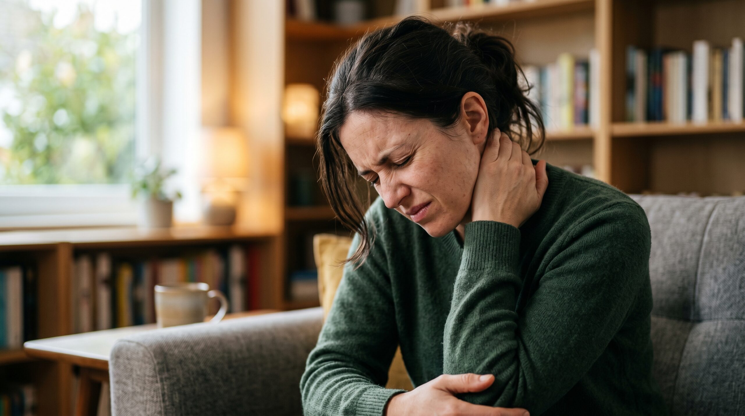 Woman holding the back of her neck while experiencing neck pain and muscle tension at home.