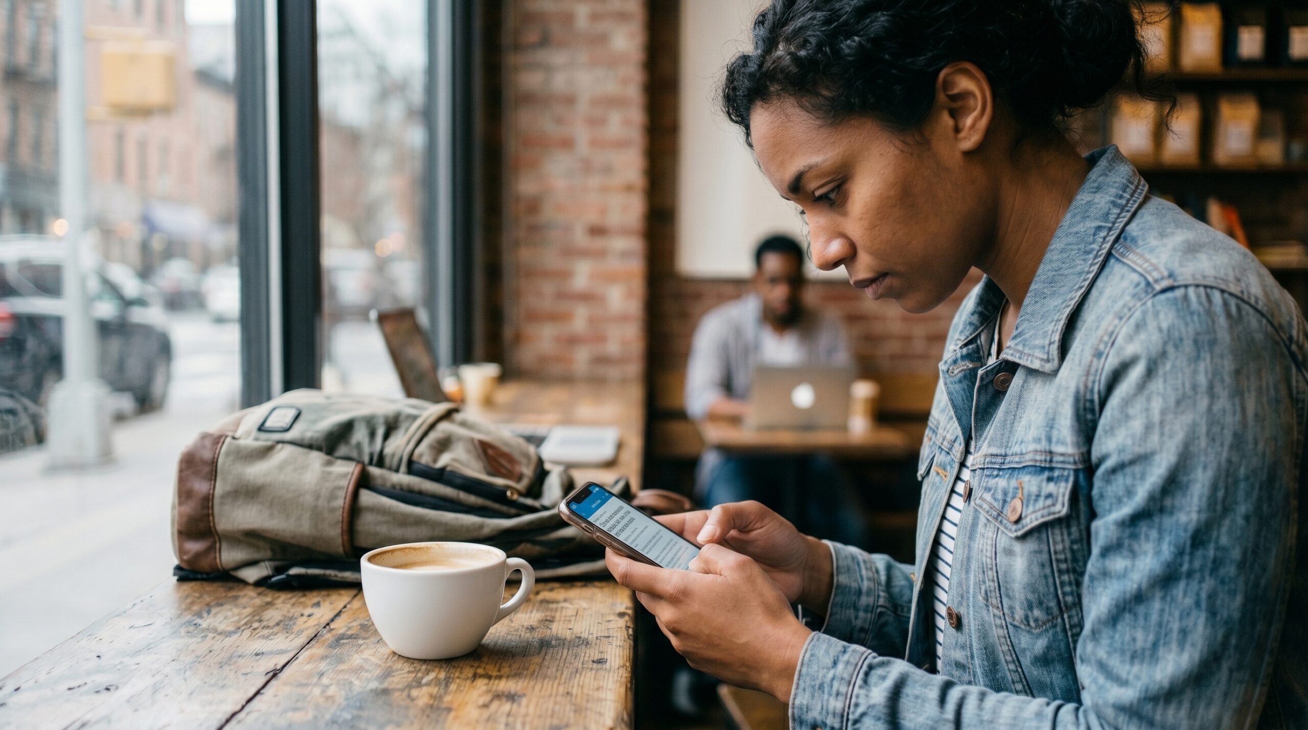Woman looking at her phone while sitting at a coffee shop desk with a white coffee cup demonstrating a tech neck, common cause of neck pain.