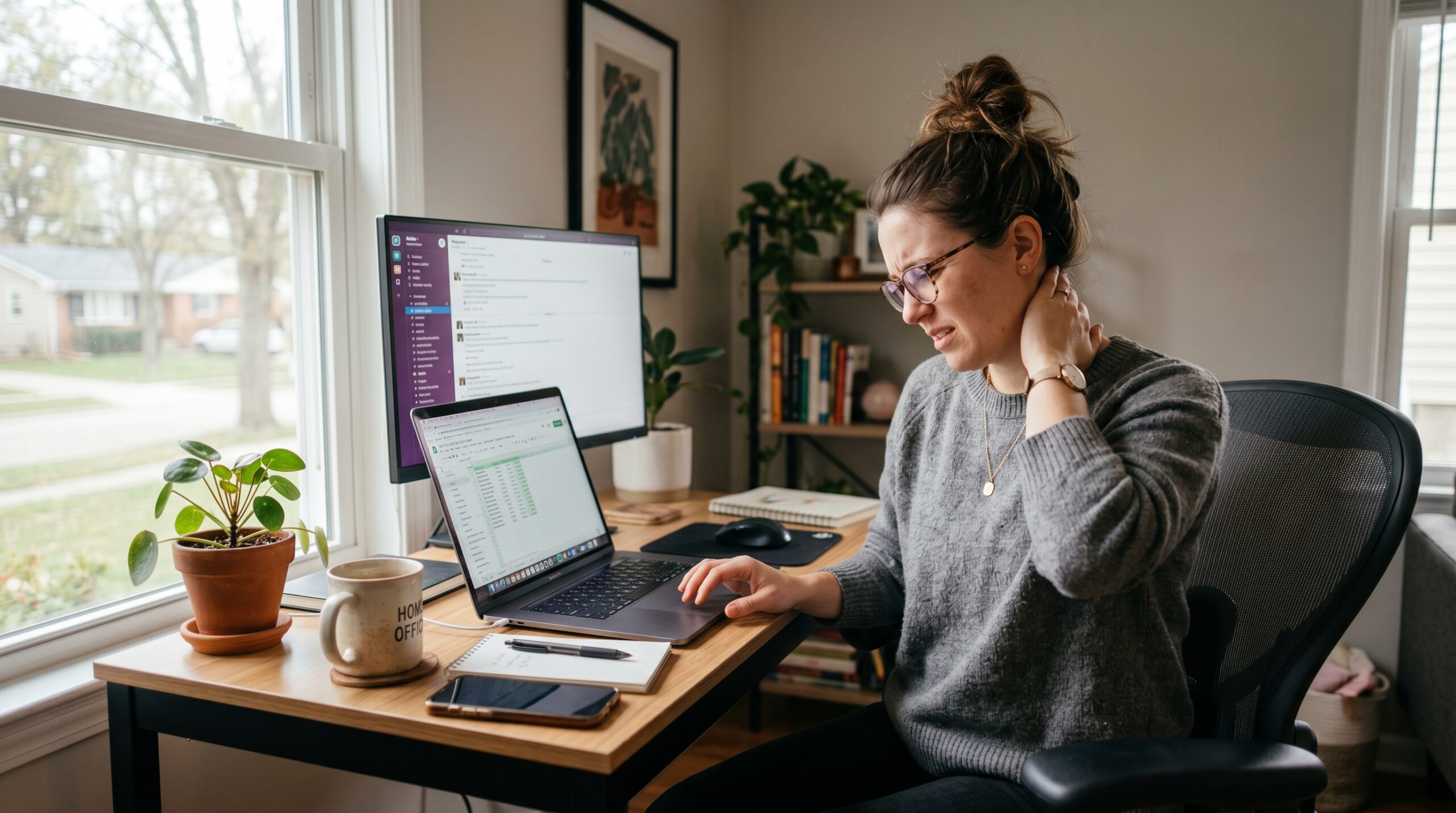 Woman holding her neck while working on a laptop at a desk.
