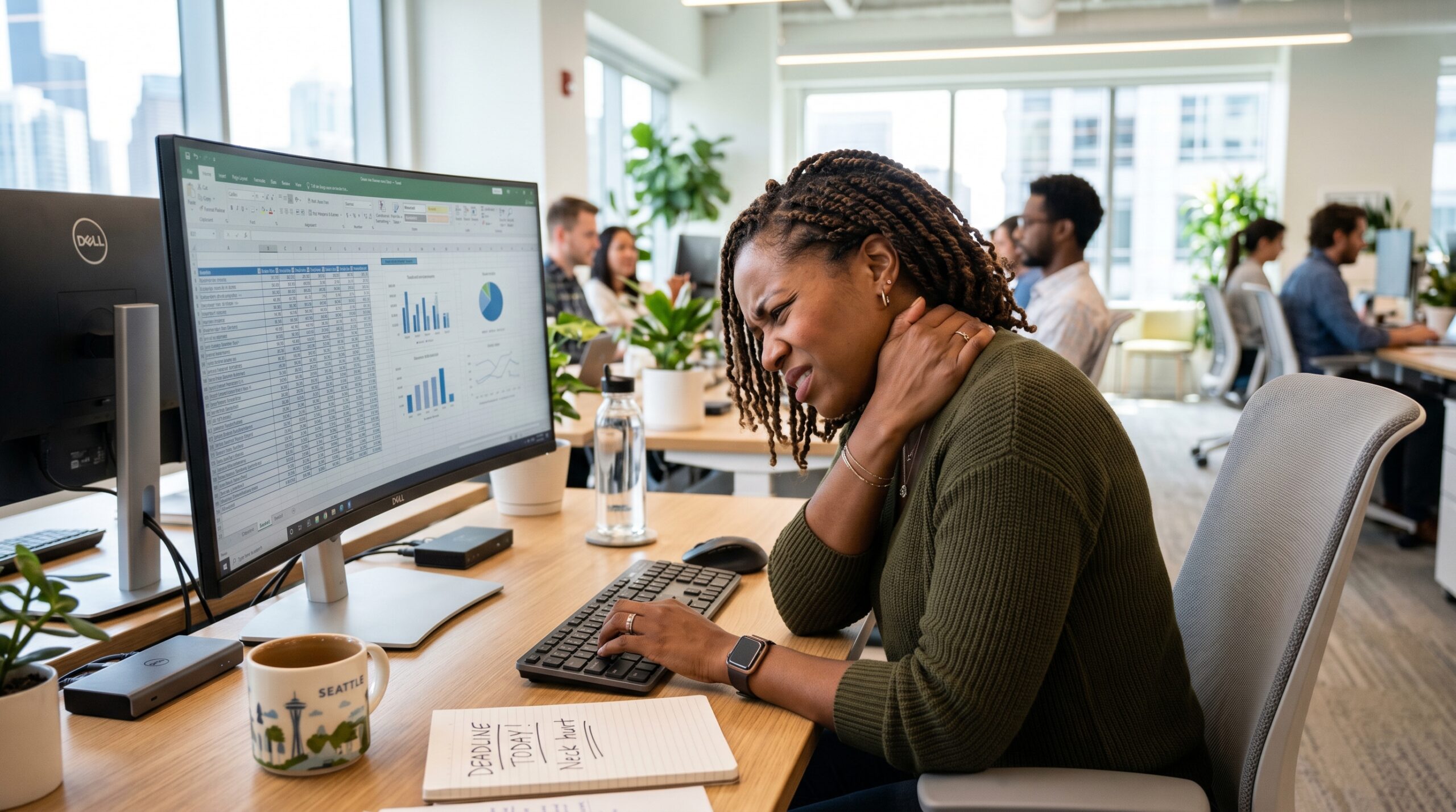 Woman holding her neck while working on a laptop at a desk.