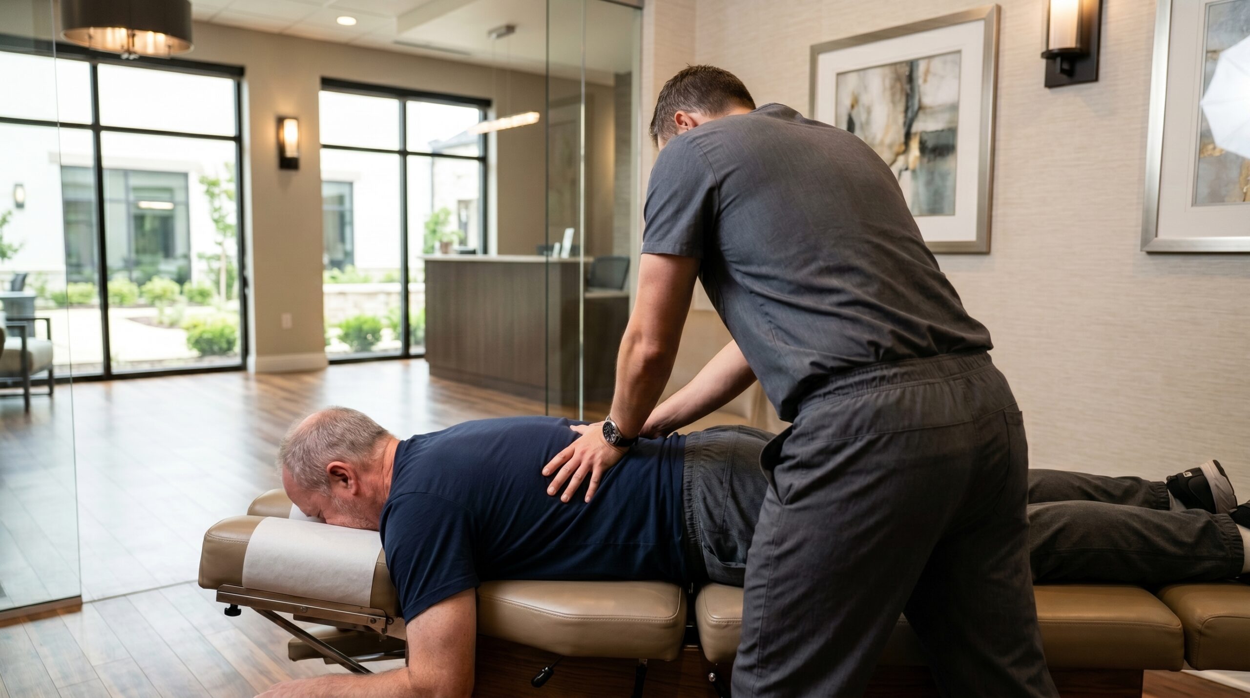 Chiropractor performing a spinal adjustment on a patient