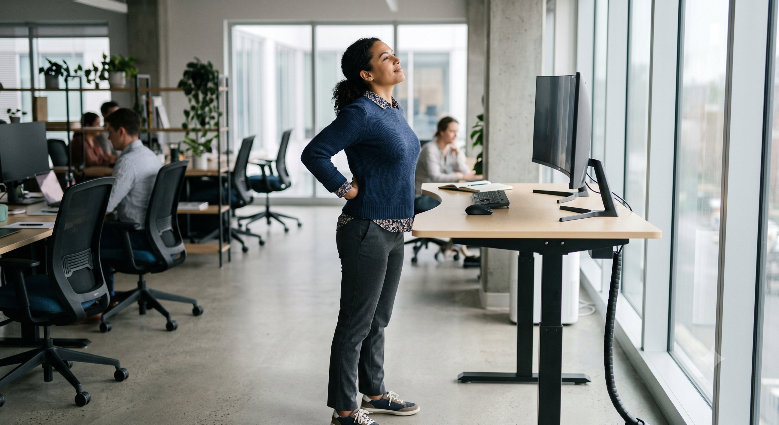Woman stretching at a standing desk during a break from computer work.