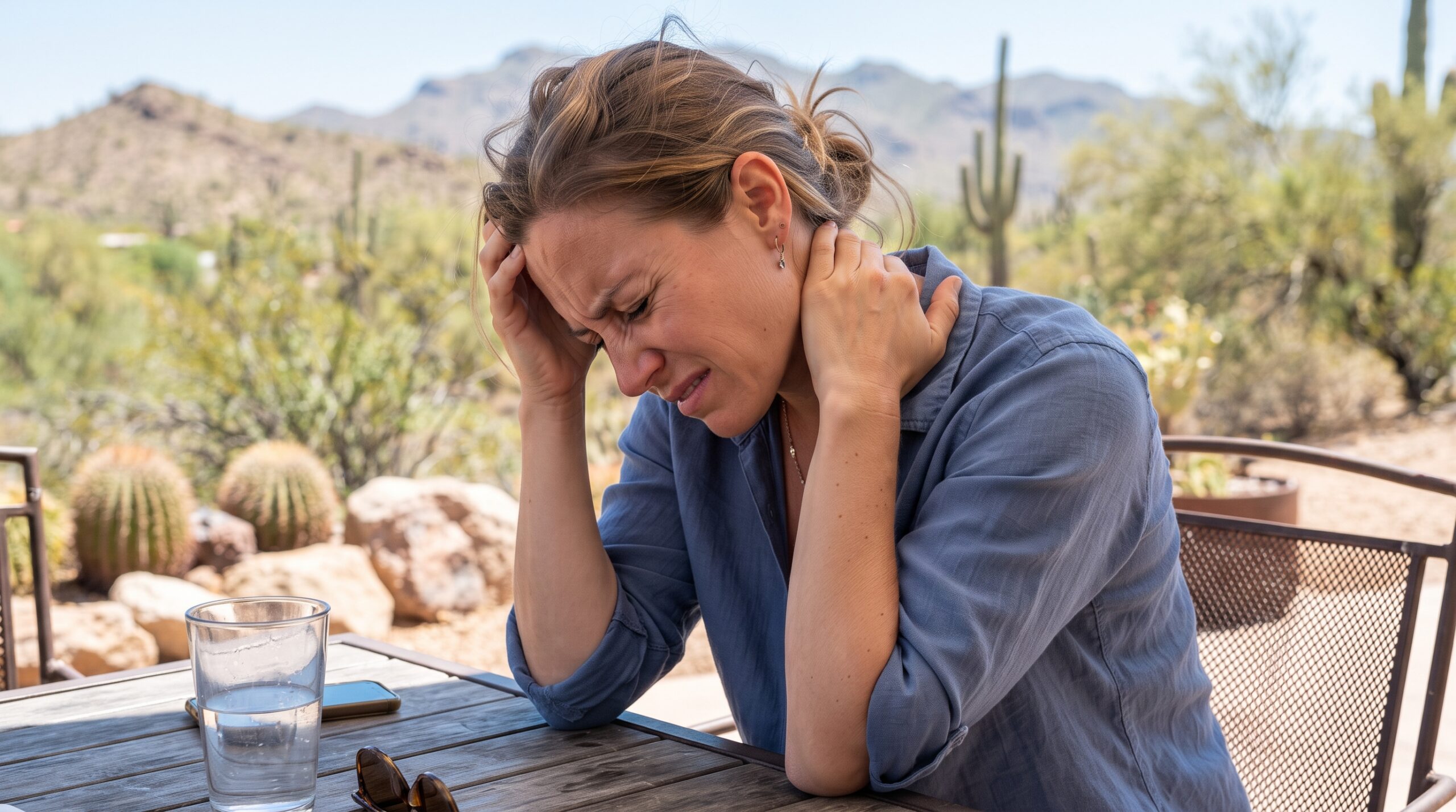 Woman holding her forehead and neck while experiencing headache and neck pain