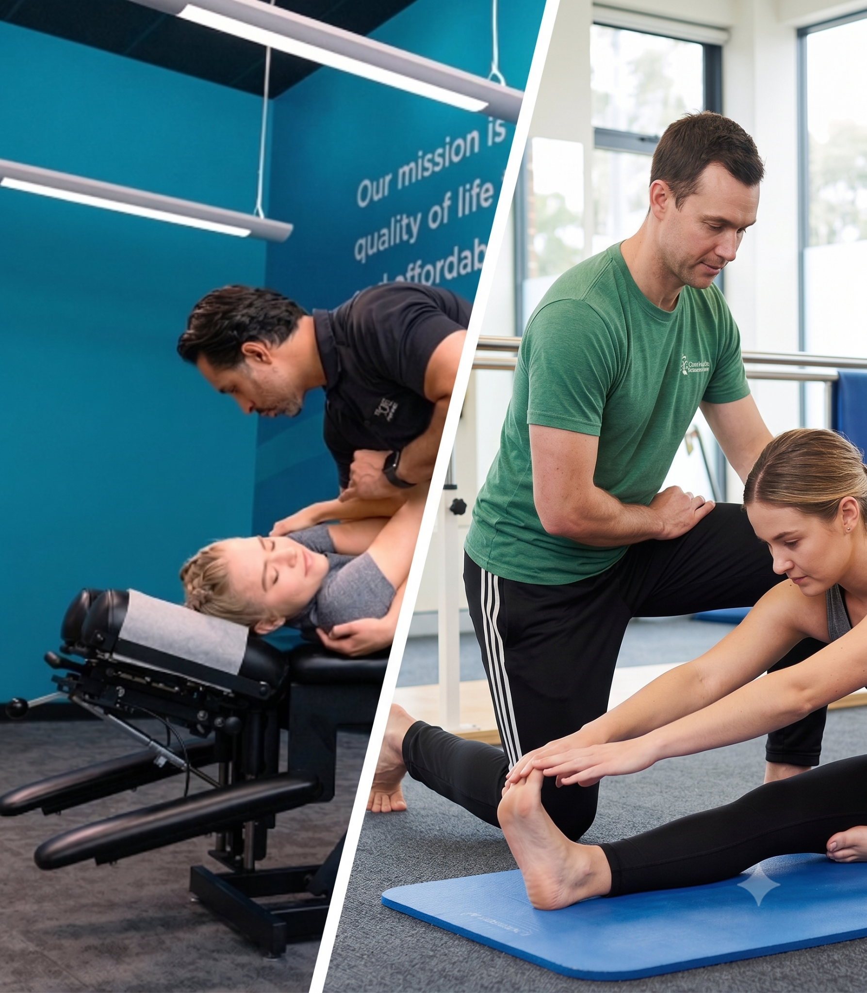 Chiropractor vs Physical Therapy A diagonal split image with a teal-walled chiropractic clinic on the left and a brightly lit physical therapy gym on the right. On the left, a male chiropractor in black scrubs performs a side-posture spinal adjustment on a female patient lying on a chiropractic table. On the right, a male physical therapist in a green t-shirt kneels on a yoga mat to guide a female patient as she performs a hamstring stretch, supporting her raised leg.