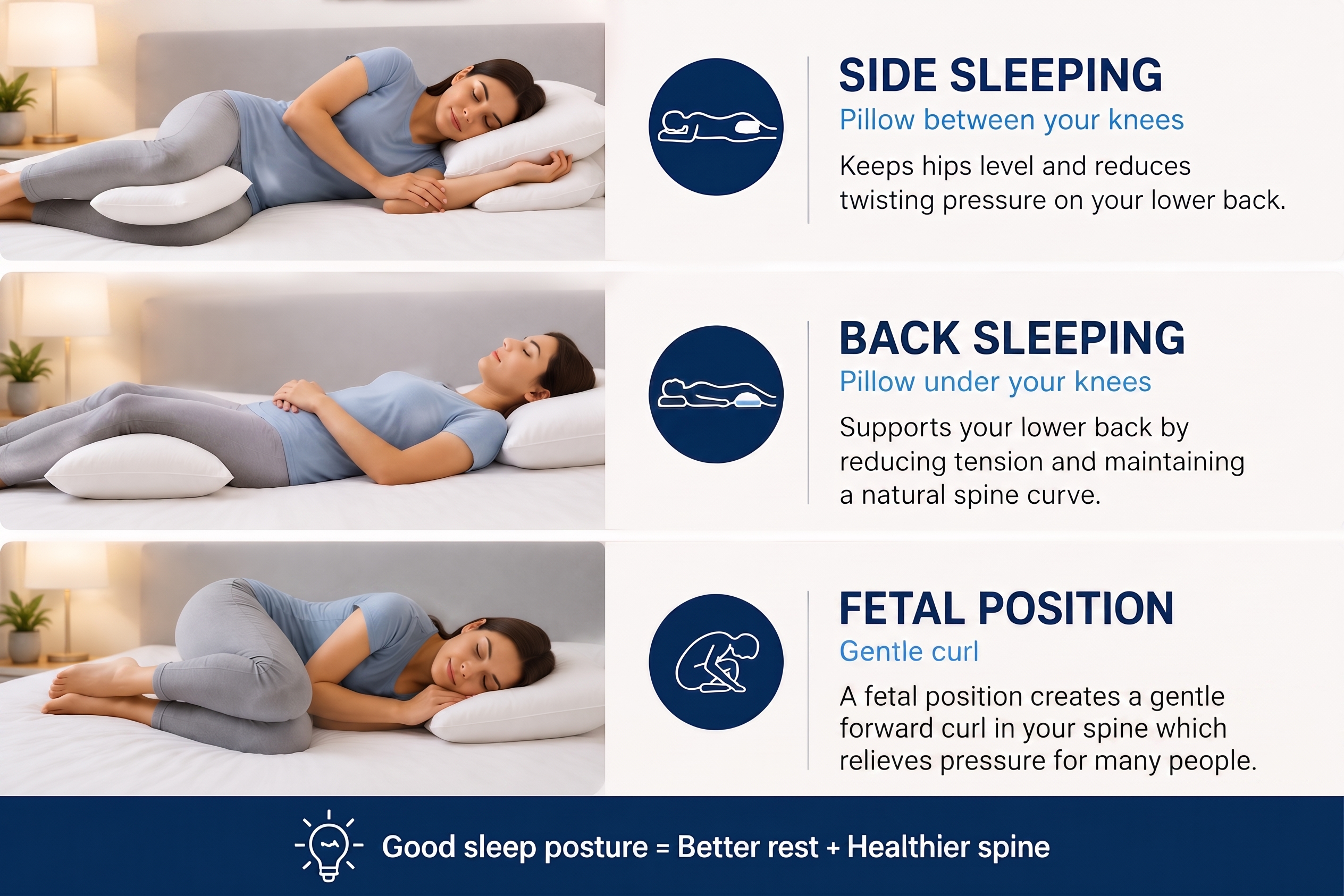 Infographic illustrating three sleep positions for back pain relief: side sleeping with a pillow between knees, back sleeping with a pillow under knees, and gentle fetal position.