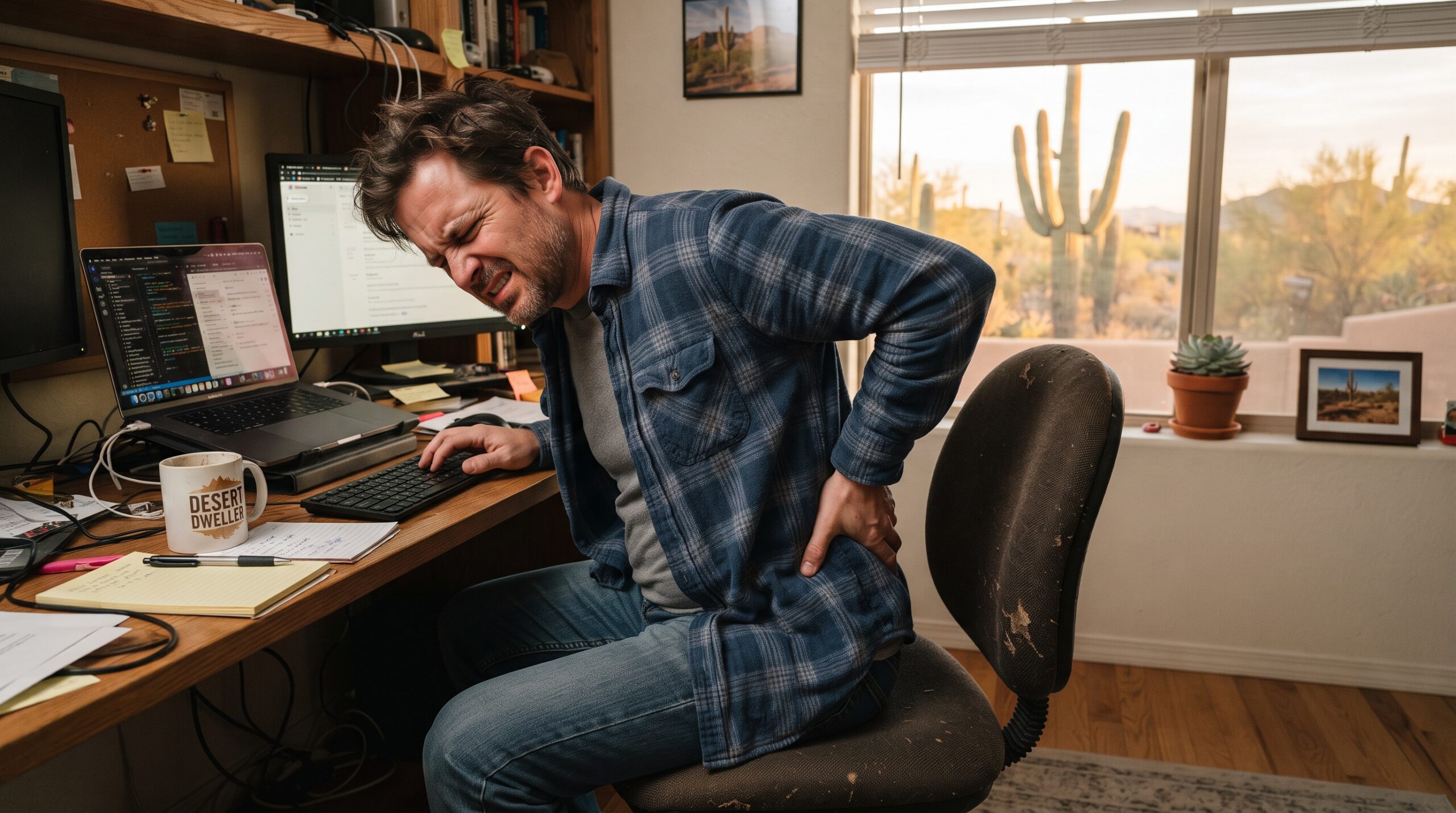 A man sitting at a home office desk wincing in discomfort and rubbing his lower back with one hand, demonstrating how long hours of poor sitting posture lead to severe desk-related back pain and stiffness.