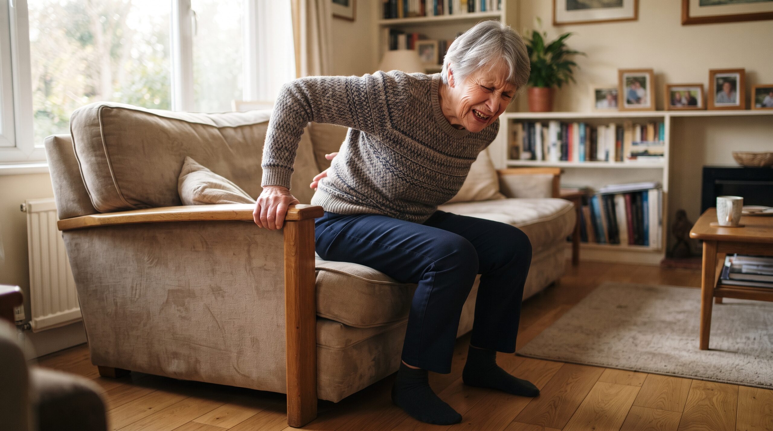 elderly-person-severe-low-back-pain-couch An elderly person wincing in pain while attempting to stand up from a tan couch, holding their lower back with one hand for support, illustrating chronic back pain stiffness.