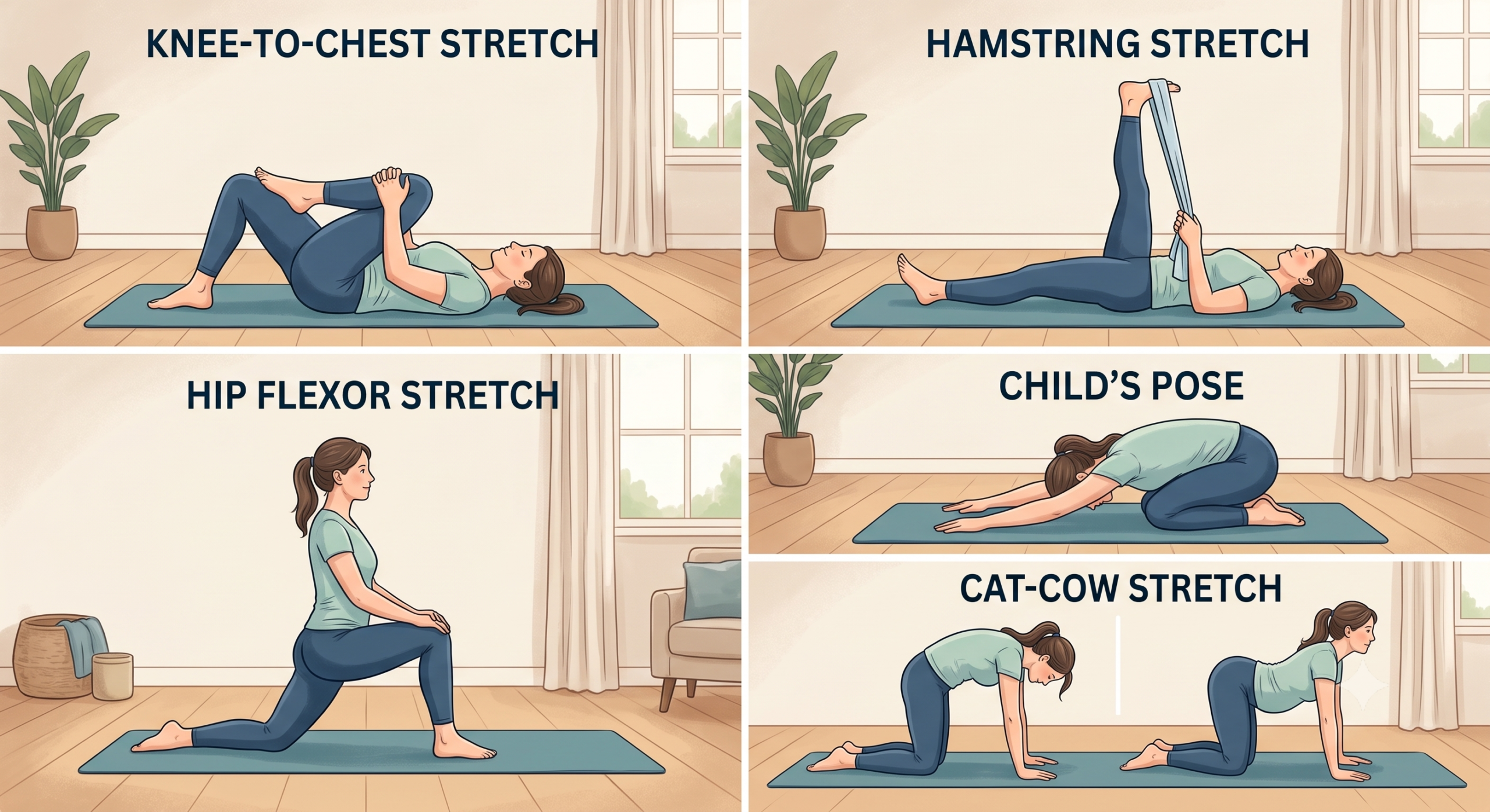 An illustrated guide showing a woman demonstrating five daily stretches for back mobility in a home living room setting: Knee-to-Chest Stretch, Hamstring Stretch using a towel, Hip Flexor Stretch, Child's Pose, and the two-part Cat-Cow Stretch sequence.