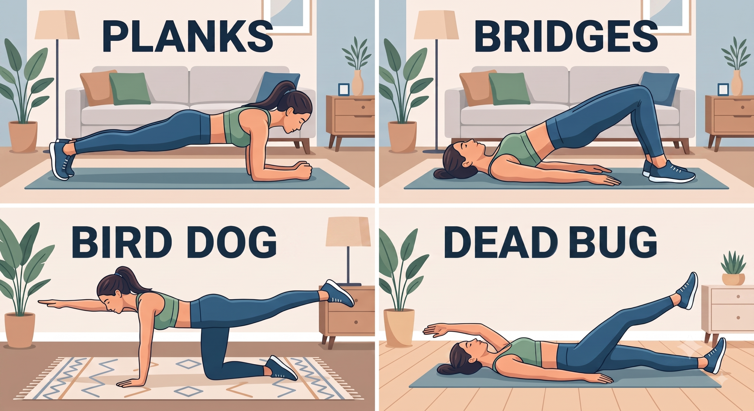 An illustrated 2x2 grid showing a woman performing four simple core exercises in a home living room setting: Planks, Bridges, Bird Dogs, and Dead Bugs.
