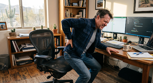 man lower back pain A man holds his lower back in discomfort while standing up from his desk chair, illustrating a common moment when acute back pain starts.