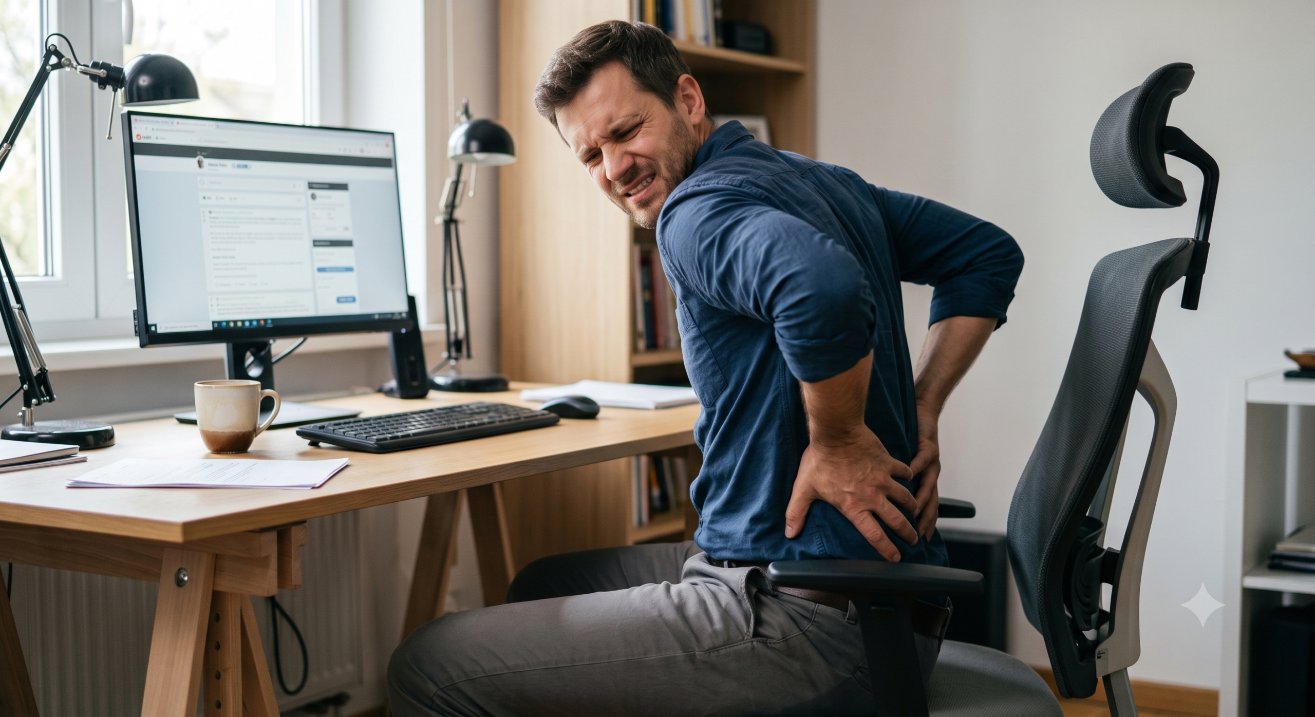 A man sits at his desk, twisting to one side with both hands on his lower back as he tries to crack it himself.
