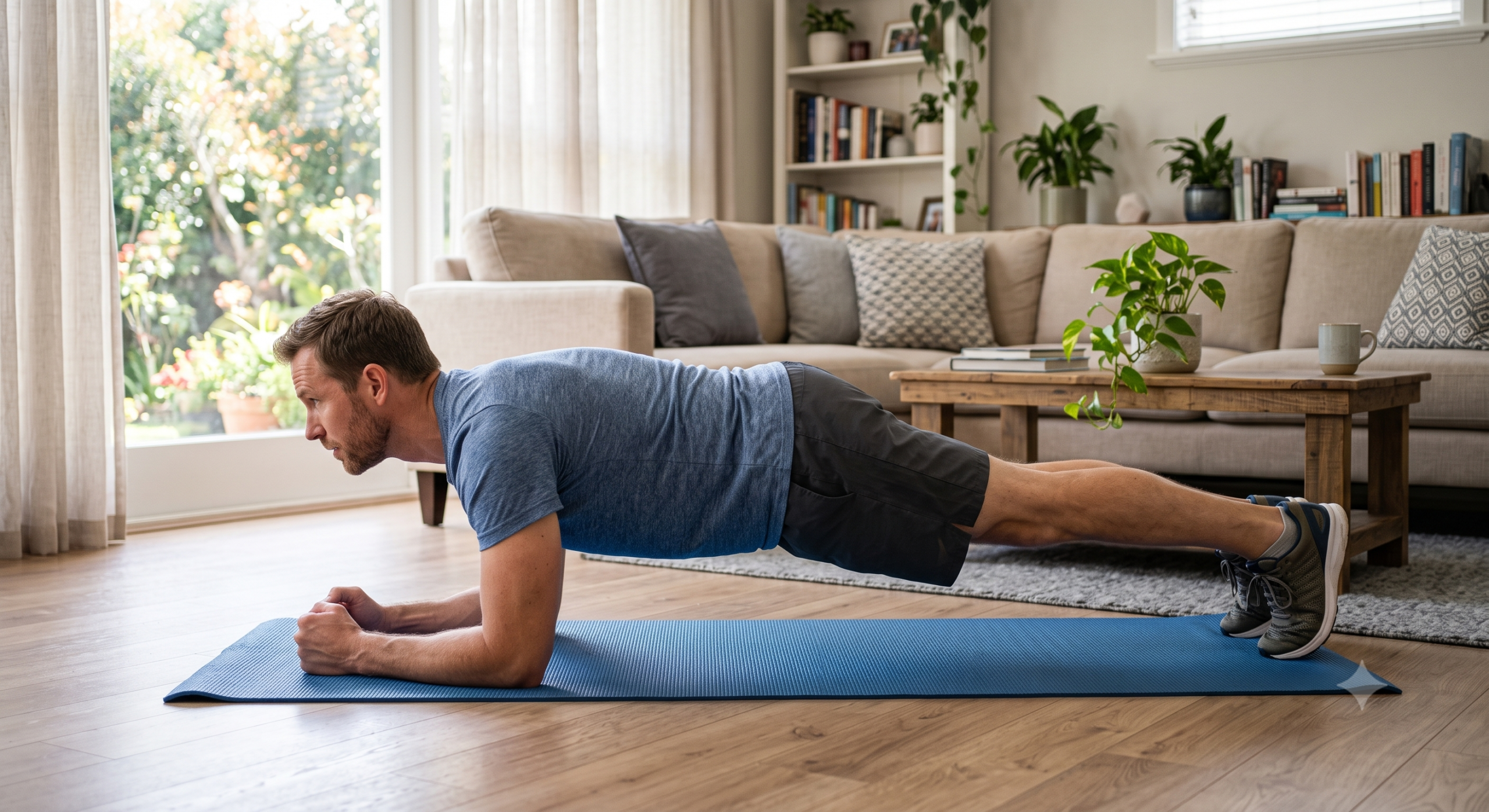 A man performs a plank exercise on a mat in his living room, demonstrating a simple core exercise that supports back health.