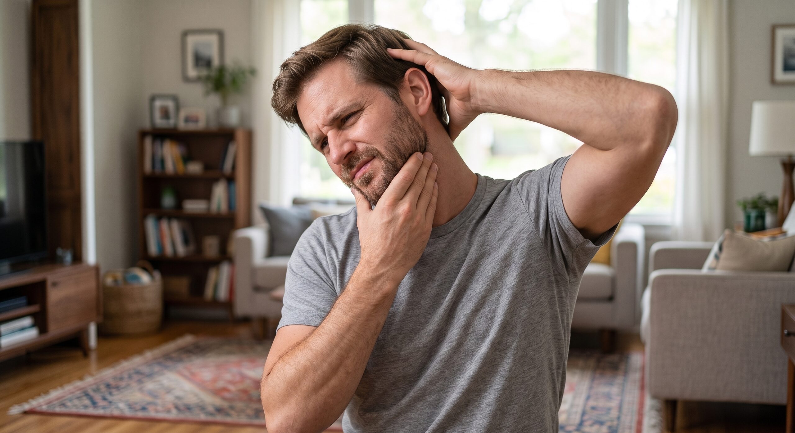 A man in a grey t-shirt winces in discomfort as he grips his jaw and the back of his head to crack his stiff neck in a living room.