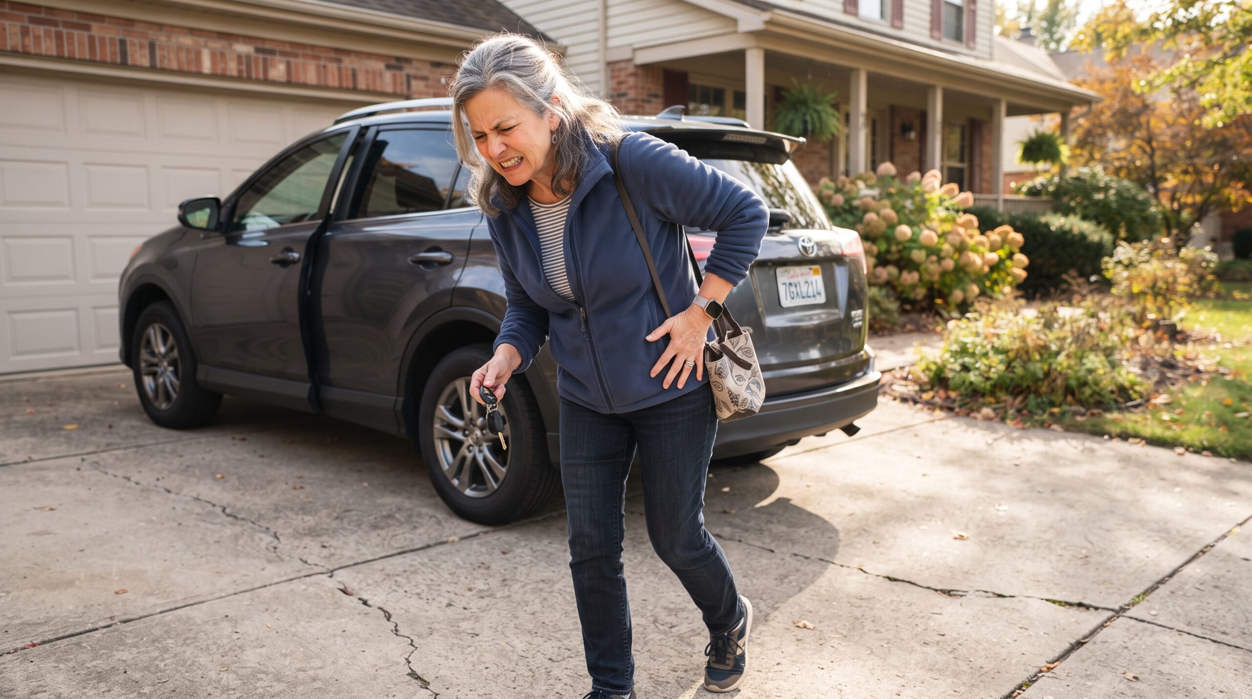 A middle-aged woman wincing in pain and holding her outer hip while walking away from an open car door in a driveway, showing how pelvic misalignment makes getting in and out of a vehicle painful.