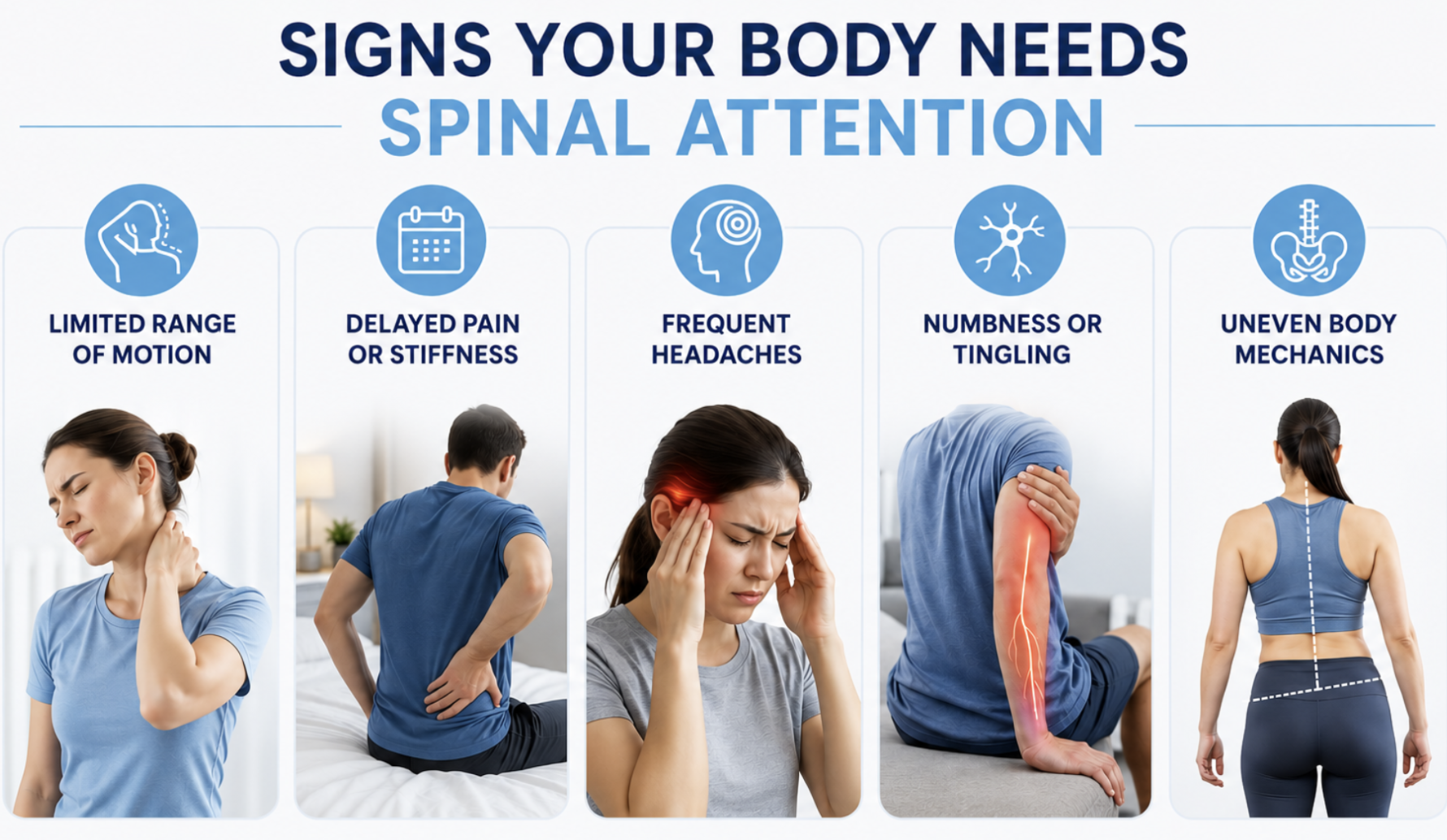  Infographic outlining five signs your body needs spinal attention after an injury: limited range of motion, delayed pain or stiffness, frequent headaches, numbness or tingling, and uneven body mechanics.