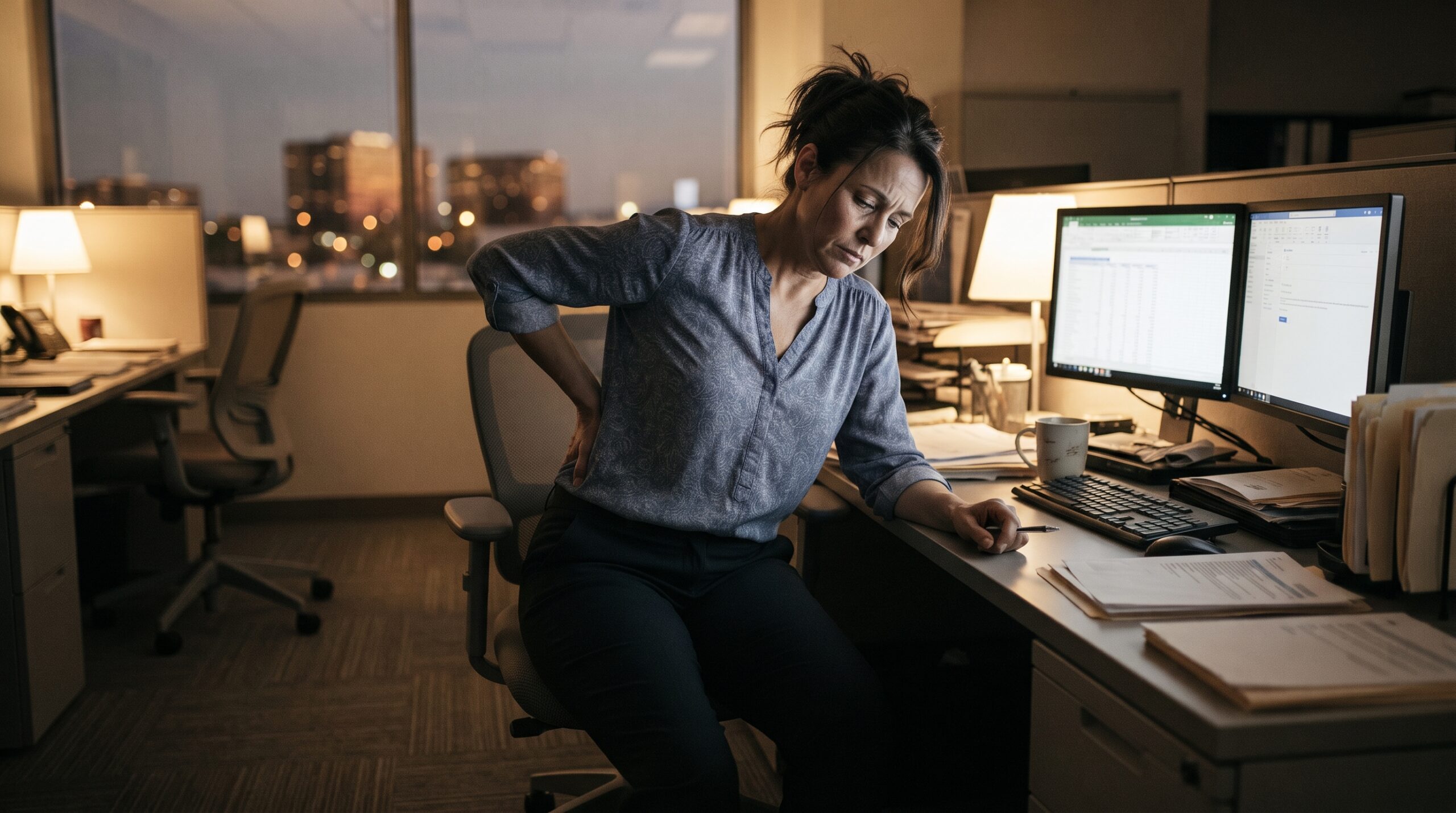 A tired woman working late in an office cubicle leaning heavily on her desk while holding her painful lower back, showcasing the exhaustion and physical strain caused by long hours of desk work.