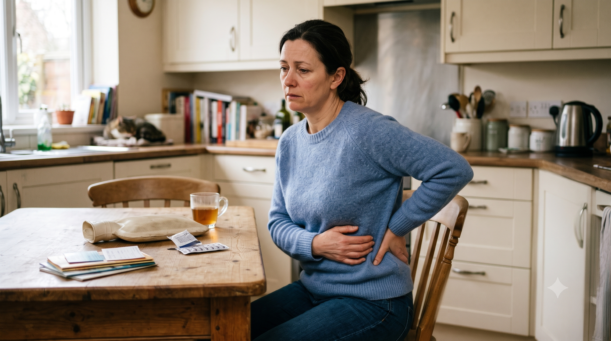 A woman sitting sideways on a wooden chair in a kitchen, holding her lower back with a weary and fatigued expression, illustrating the daily toll of chronic back pain that lasts for weeks or months.