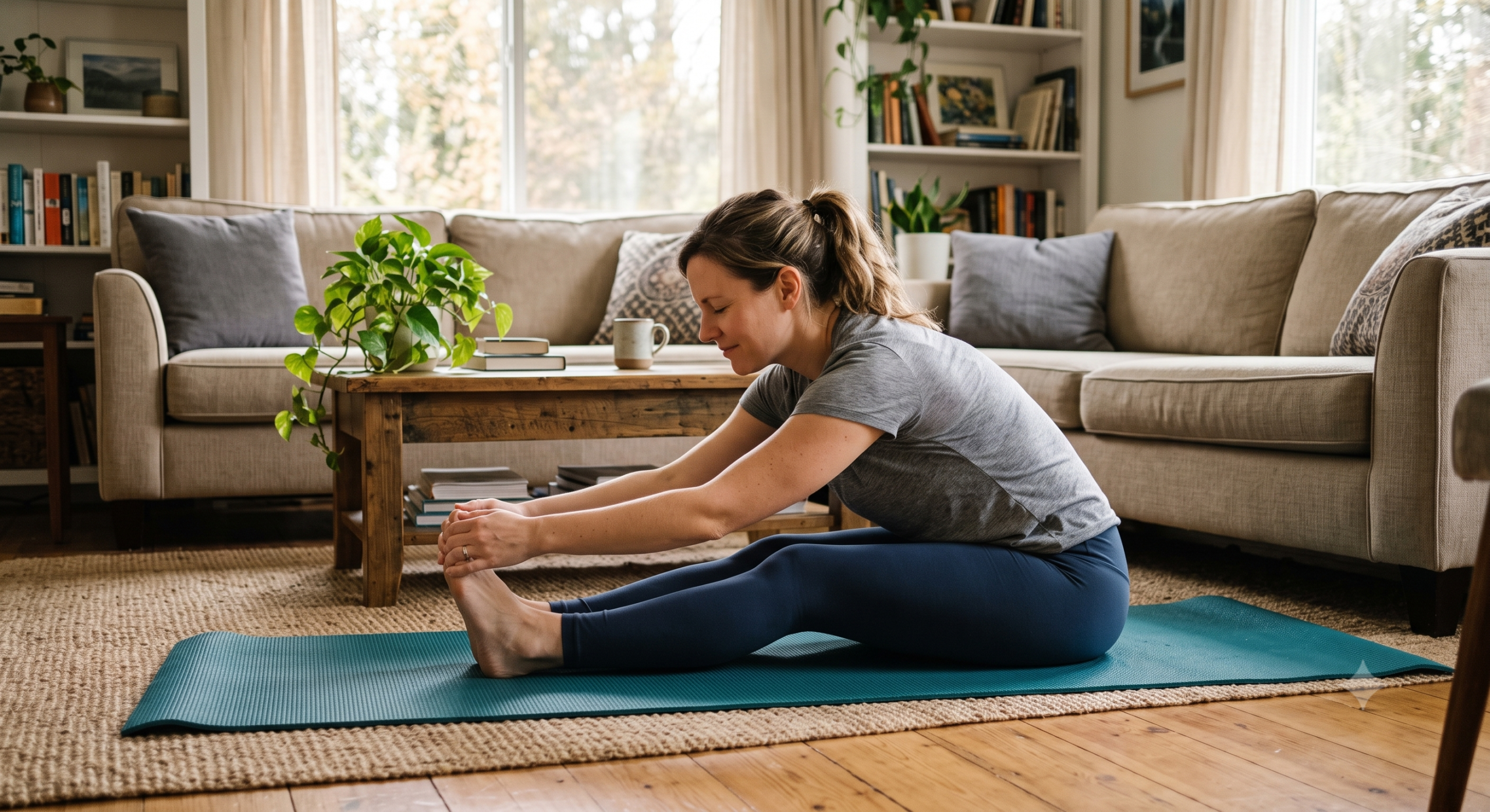 A woman sits on a yoga mat in her living room, gently stretching forward toward her toes to relieve lower back tightness.