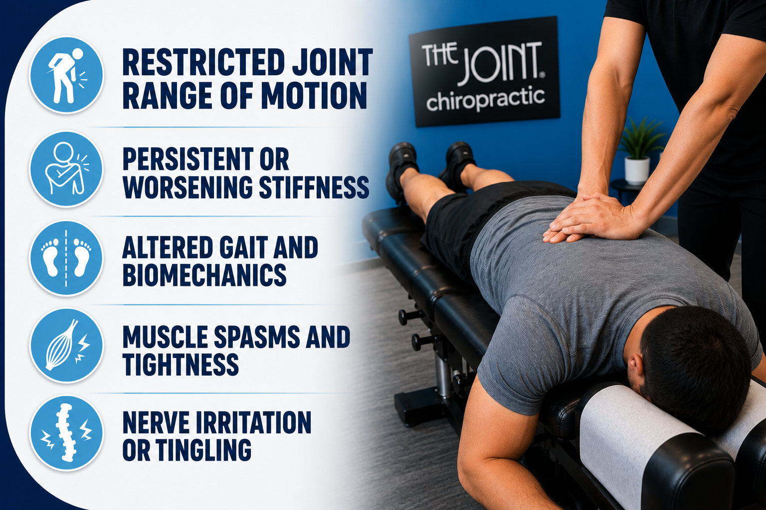 Infographic listing 5 signs an athlete needs a chiropractic evaluation: persistent joint stiffness, sharp localized pain during movement, restricted flexibility, asymmetric weight bearing, and muscle spasms alongside a male patient receiving a lower back adjustment.