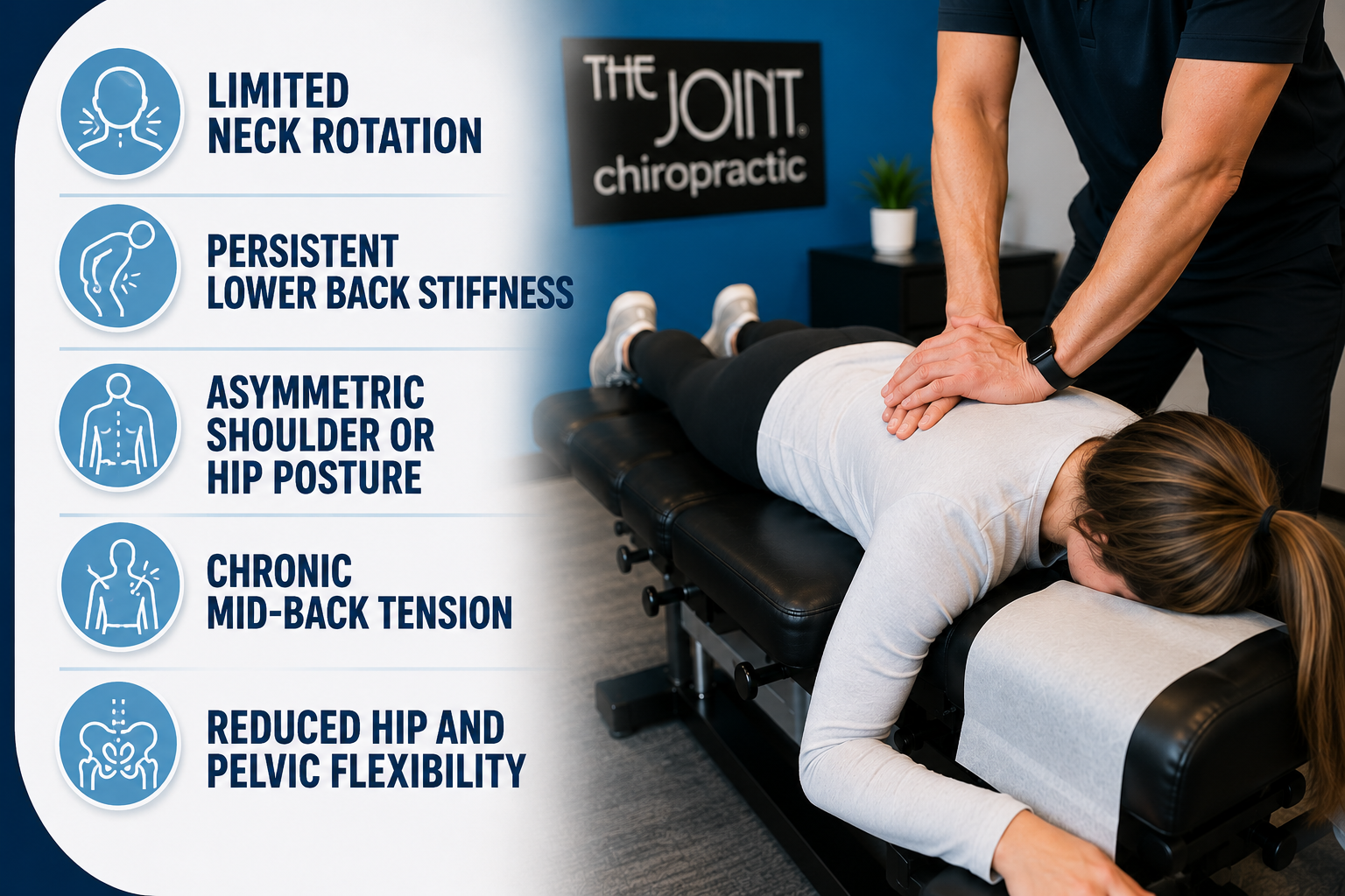 Infographic outlining 5 key signs of restricted spinal mobility: limited neck rotation, persistent lower back stiffness, asymmetric shoulder or hip posture, chronic mid-back tension, and reduced hip and pelvic flexibility alongside a patient receiving a thoracic spinal adjustment.